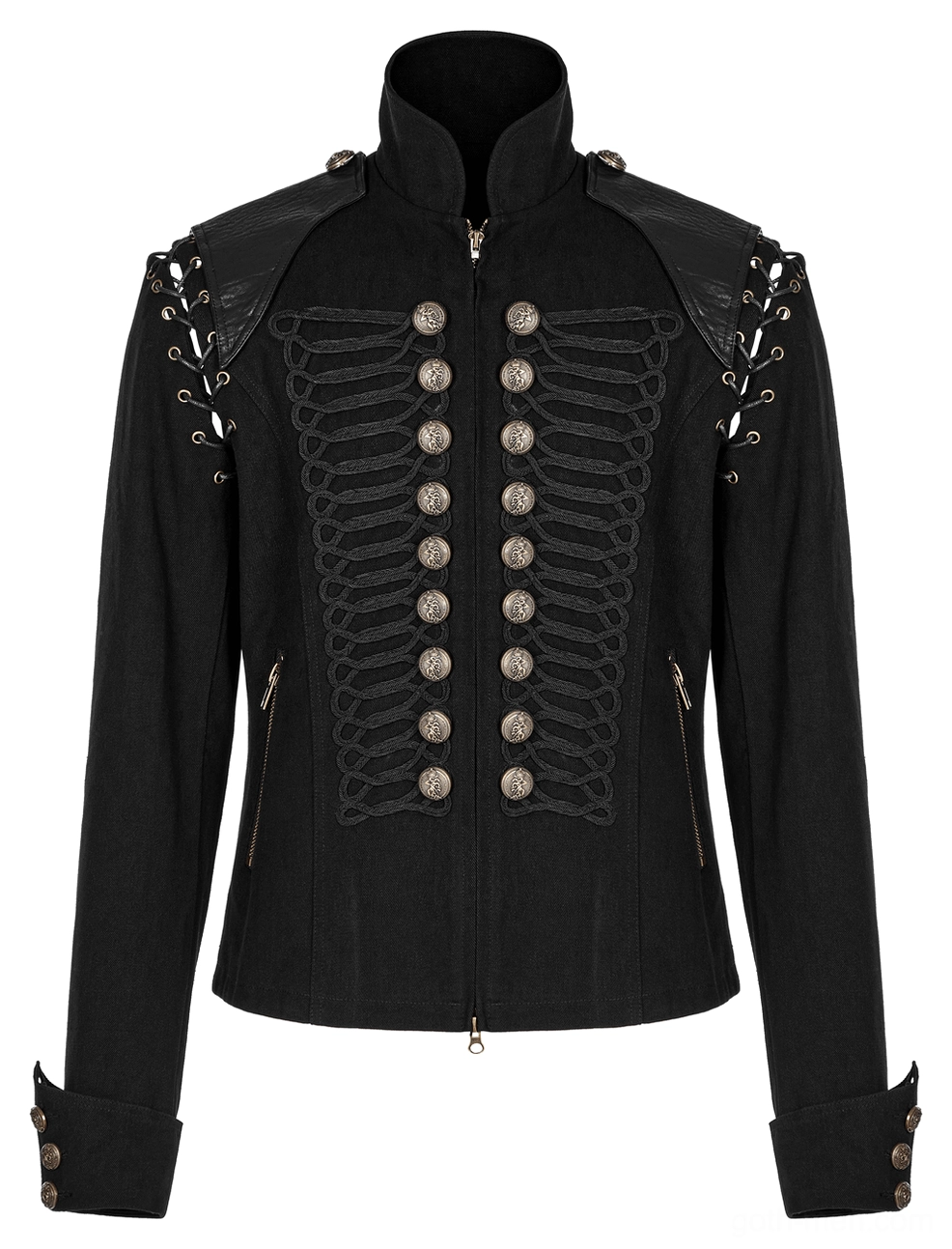 Gothic military jacket front flat view with standing zipper collar, side zipper pockets, and decorative braided trim details