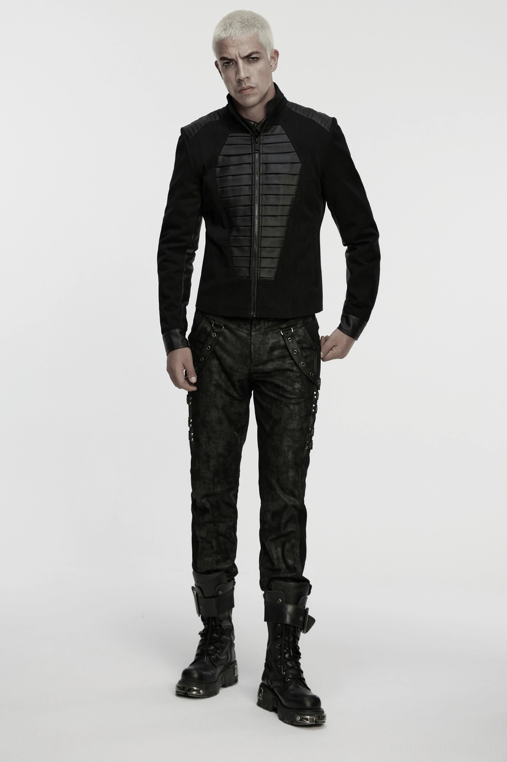 Black gothic military jacket with rubberized faux leather coffin panel and denim hybrid construction