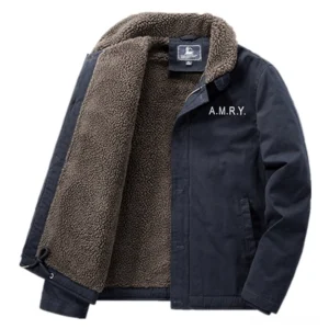 Gothic military jacket with sherpa lining, navy blue polyester canvas front flat lay with embroidered A.M.R.Y. branding, studio product photography