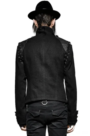 Gothic military jacket back view showing tailored slim fit, lace-up shoulder hardware, and structured rear panel