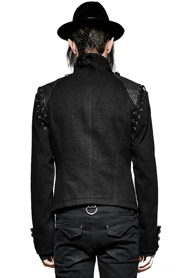 Gothic military jacket back view showing tailored slim fit, lace-up shoulder hardware, and structured rear panel