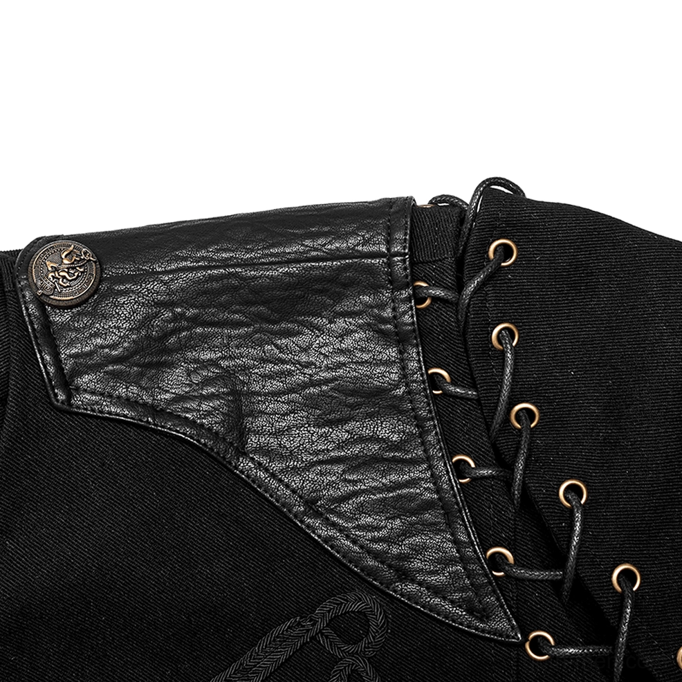 Close-up detail of gothic military jacket shoulder assembly showing faux leather patch, metal lace grommets, and embossed metal button