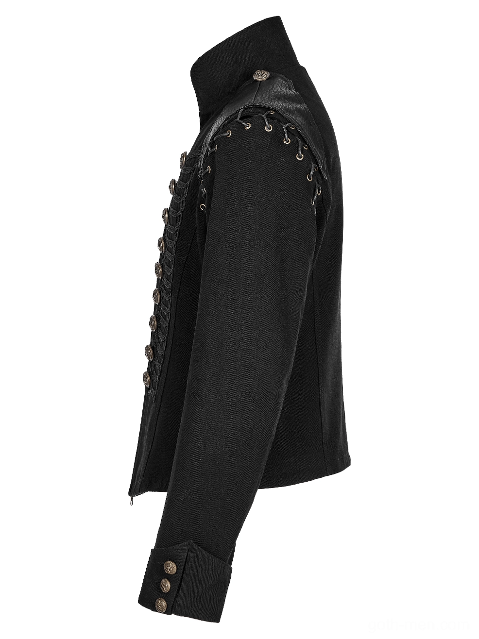 Gothic military jacket side flat view showing slim silhouette, buttoned wrist cuffs, and lace-up shoulder assembly