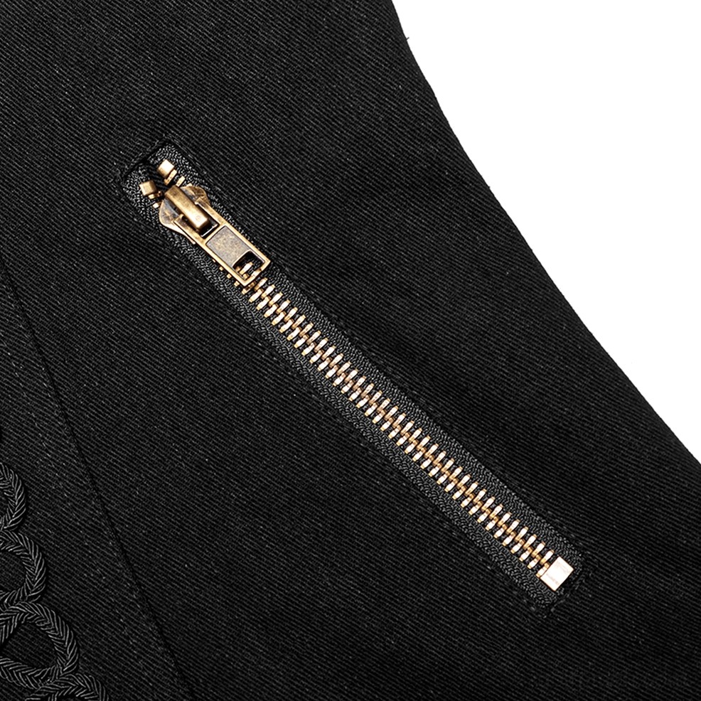 Close-up detail of gothic military jacket side zipper hardware in antique bronze metal with black twill fabric