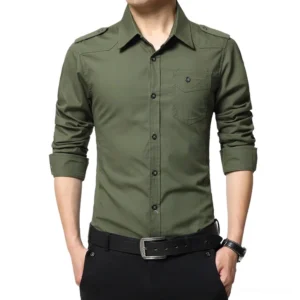 Men's slim fit gothic military shirt in army green with single-breasted button-front design and structured epaulets