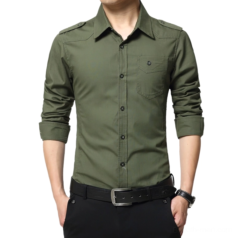 Men's slim fit gothic military shirt in army green with single-breasted button-front design and structured epaulets