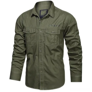 Dark tactical gothic military mens cotton shirt front flat lay with off-road embroidery and dual chest pockets