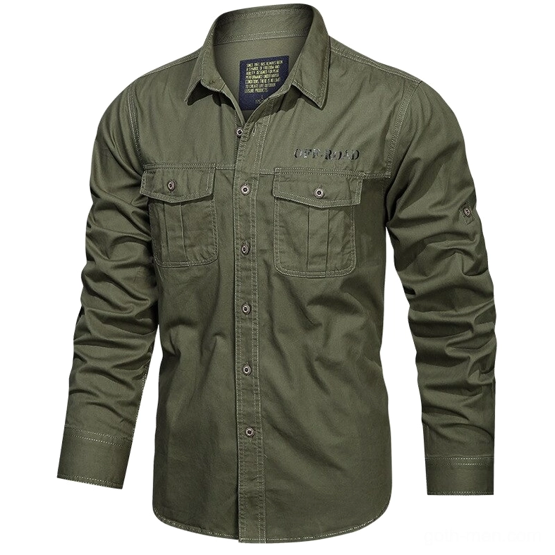 Dark tactical gothic military mens cotton shirt front flat lay with off-road embroidery and dual chest pockets