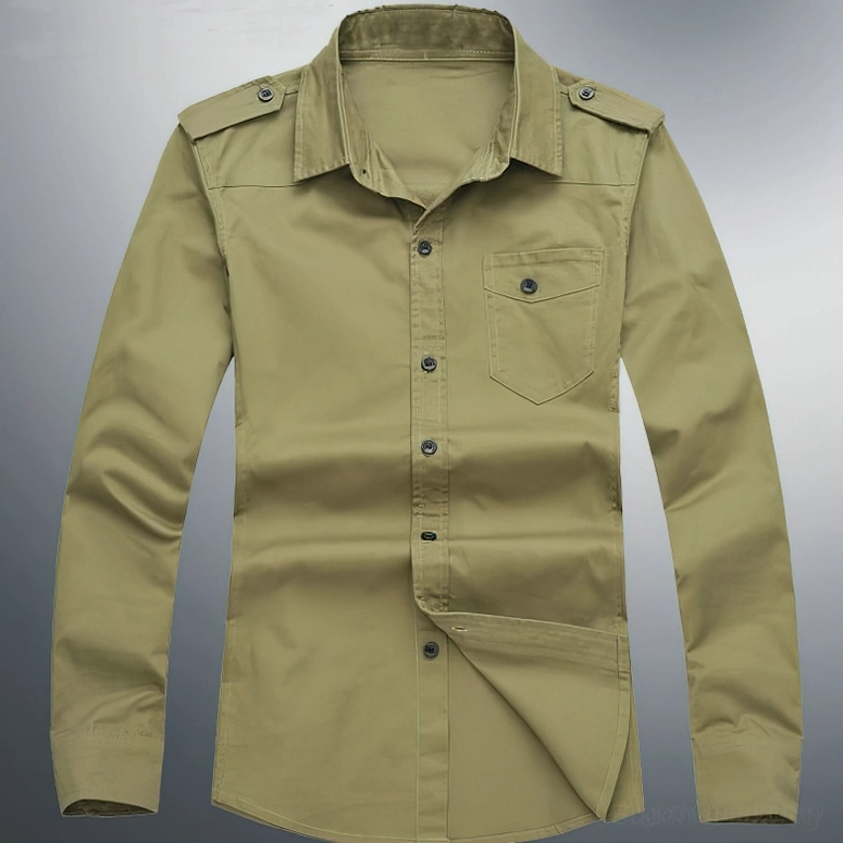 Dark alternative military gothic shirt front view showing single-breasted button design and turn-down collar detail