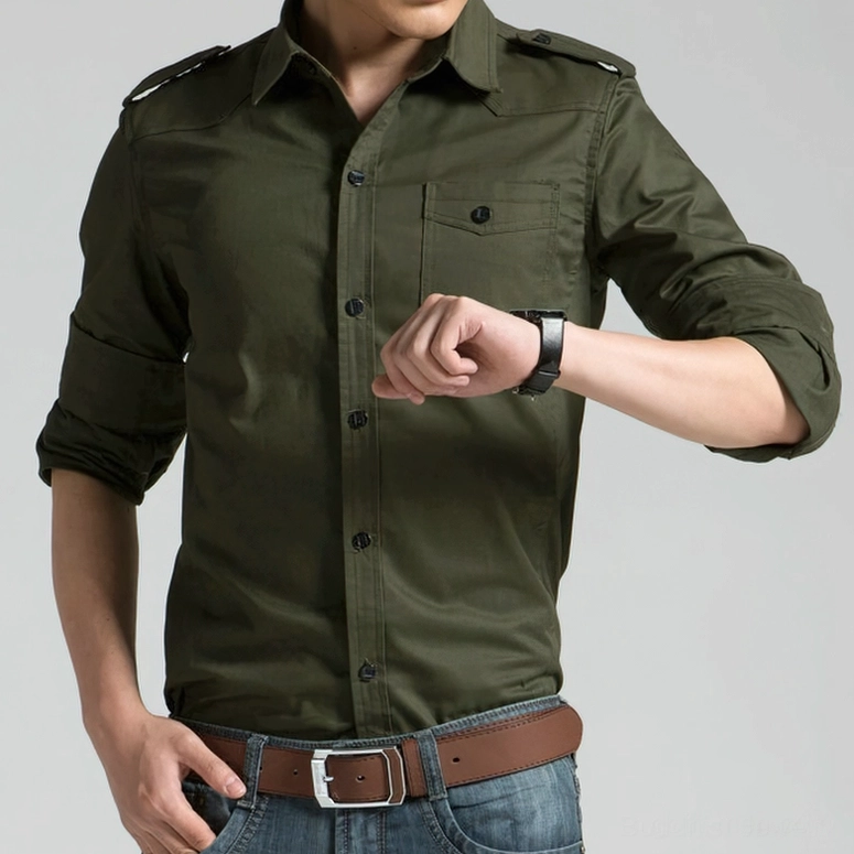 Men's military gothic shirt in army green with structured epaulets and minimalist chest pocket detail