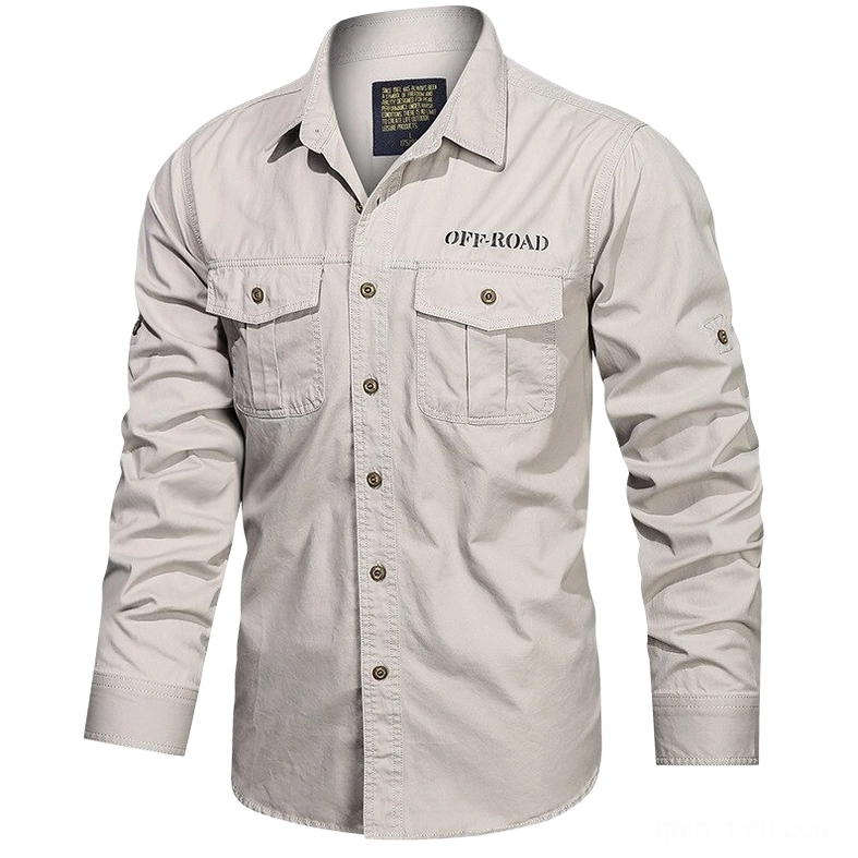 Light gray tactical cotton military shirt front view with off-road embroidery and rollable sleeves flat lay