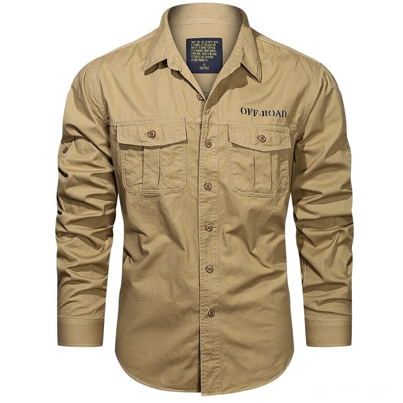 Khaki brown gothic military cotton shirt with off-road embroidery flap chest pockets front flat view