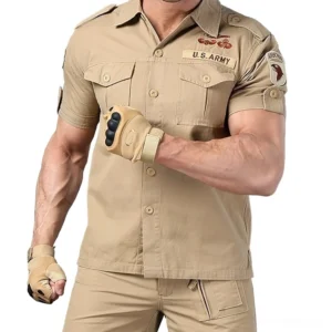 Men's Gothic Military Tactical Shirt in Khaki - Front Close-up View with Dual Chest Pockets and U.S. Army Embroidered Badge