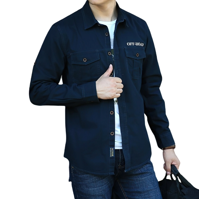 Navy blue gothic military utility shirt worn with white undershirt and denim pants casual street style