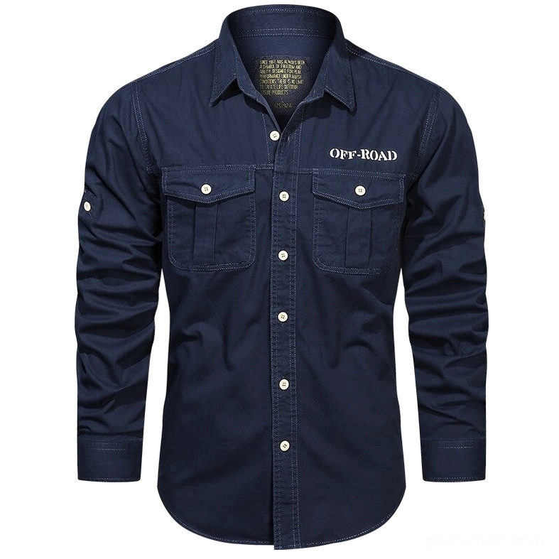 Navy blue mens gothic military shirt slim fit front flat lay with central button placket and collar detail