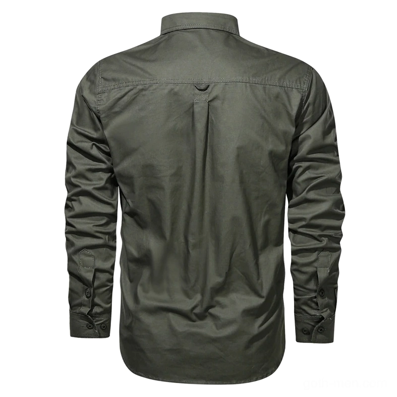 Back view of olive green gothic military shirt showing rear pleated yoke and buttoned cuffs construction