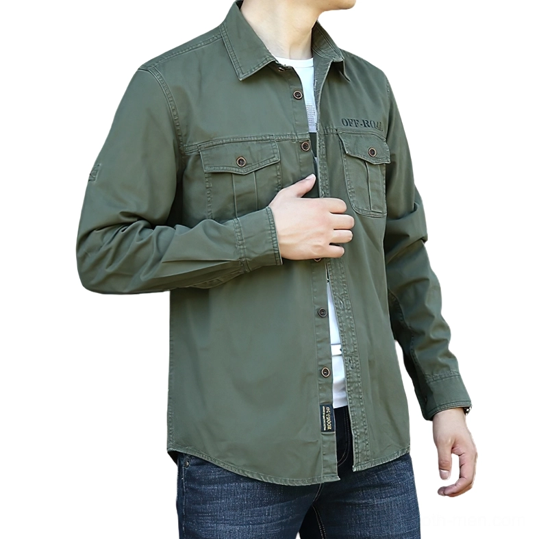 Styled look of olive gothic military cotton shirt paired with denim jeans and casual accessories on male model