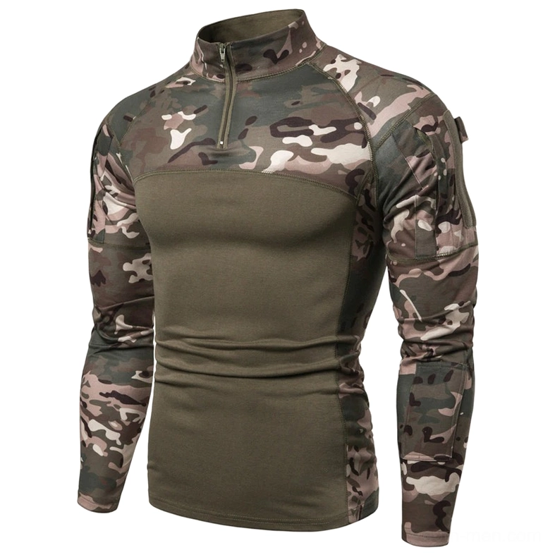 Light brown tactical military sweatshirt with utility pocket and camouflage print, front three-quarter pose