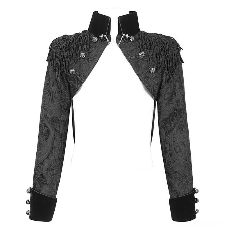 Cropped gothic military-style tailcoat with paisley jacquard weave, velvet trim, and cross chain collar clip, flat lay front