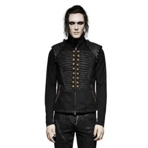 Black denim gothic military waistcoat front view with brass button detailing and leather shoulder accents