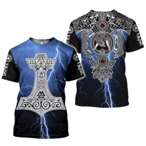 Dark Norse Lightning Mjolnir graphic t-shirt front view with Odin's hammer and wolf knot design in black and blue