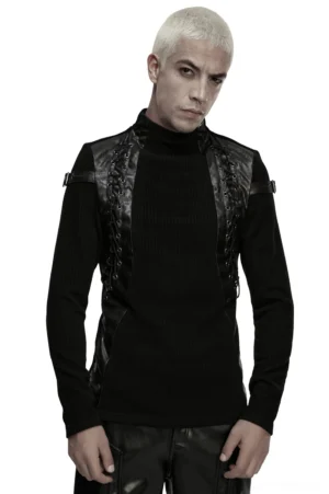 Black gothic mock neck top with faux leather panels and lace-up details worn by male model, front view