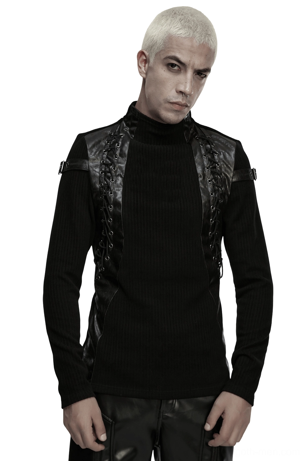 Black gothic mock neck top with faux leather panels and lace-up details worn by male model, front view