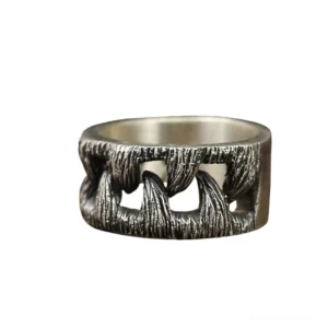 Predator Fang Stainless Steel Gothic Ring with hollow chain-link monster teeth design in brushed dark silver, front flat view