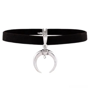 Black velvet crescent moon choker flat lay with adjustable chain extender and silver alloy pendant - gothic neck collar front view