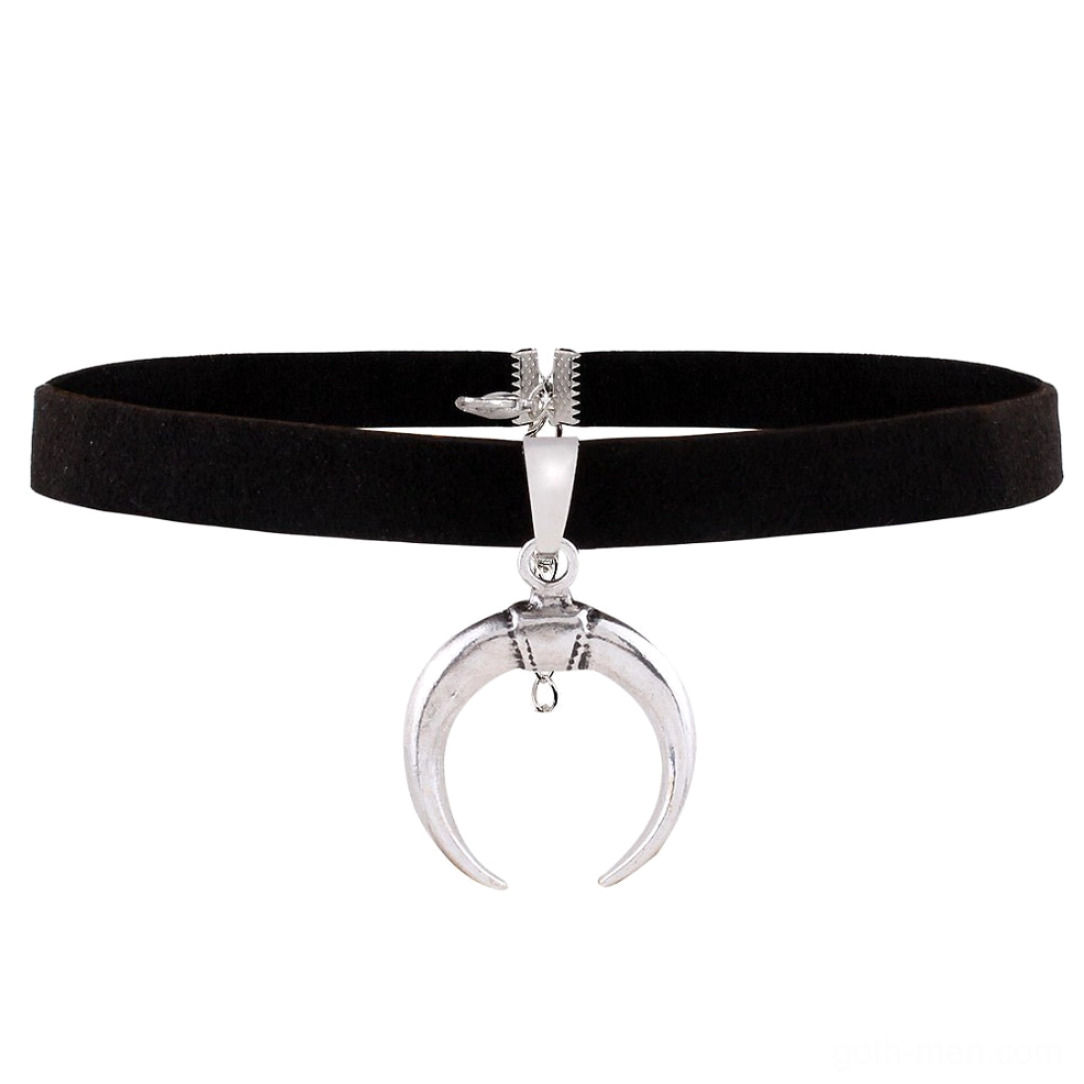 Black velvet crescent moon choker flat lay with adjustable chain extender and silver alloy pendant - gothic neck collar front view