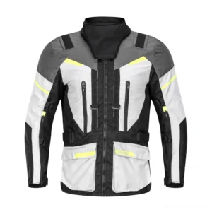 Gothic moto armor waterproof jacket front view black with neon yellow reflective stripes