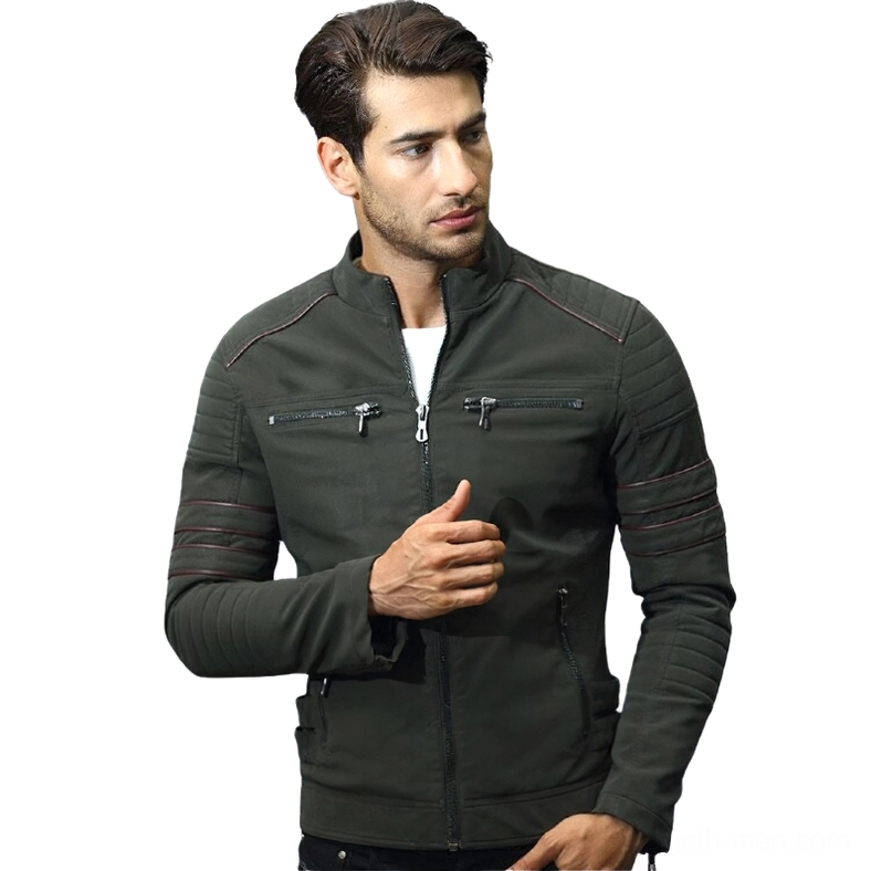 Army green gothic biker jacket on male model with stand collar and quilted sleeve stripes, side view