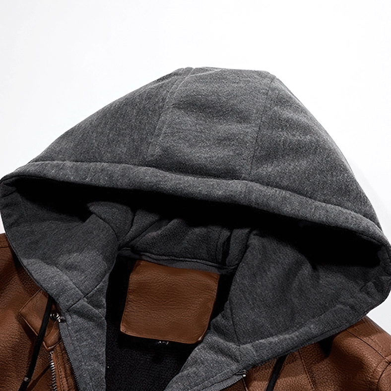 Gothic hooded moto jacket front detail showcasing PU leather texture and o-neck collar