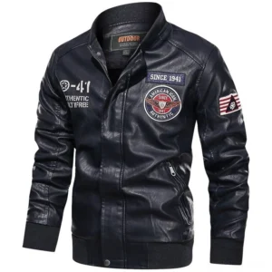 Gothic moto PU leather jacket front view with embroidered badges and patches - men's biker style