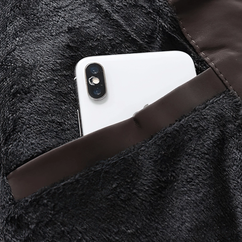 Full body styling view of gothic stand collar PU leather biker jacket with multi-pocket construction and moto aesthetic