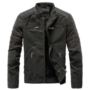 Dark gray men's motorcycle PU leather jacket with fuzzy fleece lining and quilted sleeves, flat display