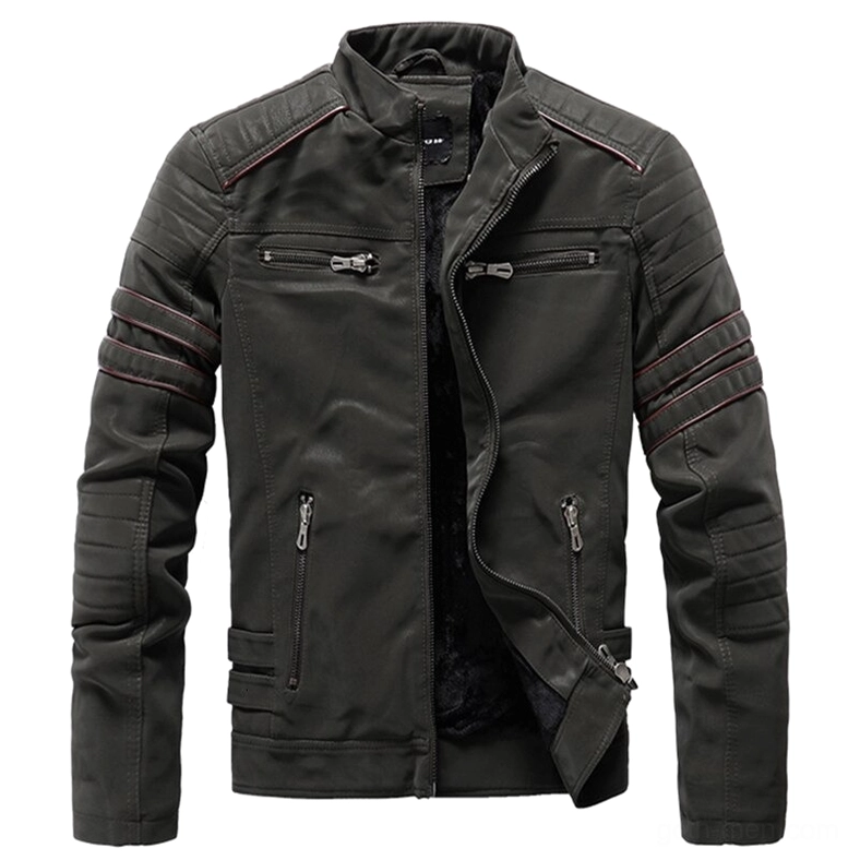 Dark gray men's motorcycle PU leather jacket with fuzzy fleece lining and quilted sleeves, flat display