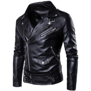 Gothic leather biker jacket three-quarter view showing shoulder buckle straps and front flap pocket details