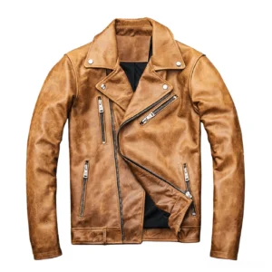 Distressed tan leather motorcycle jacket front view, showcasing asymmetrical zipper design and turn-down collar for gothic rock style