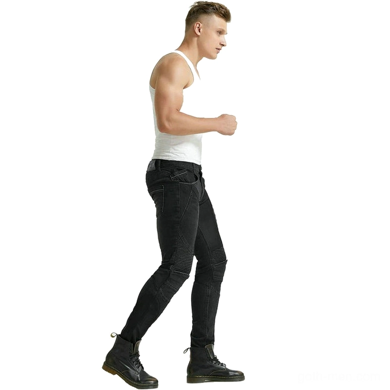 Gothic motorcycle protection pants featuring comprehensive knee and hip armor system