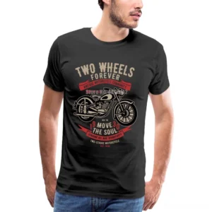 Men's Gothic Motorcycle T-Shirt with Vintage Biker Graphic - Black Cotton Crew Neck, Front View on Model