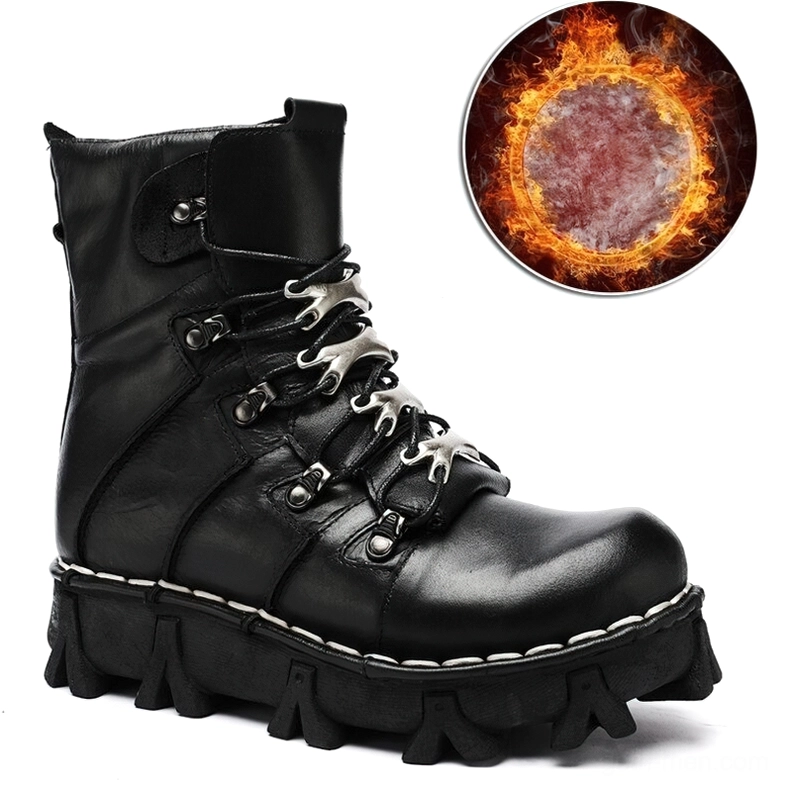 Black leather gothic motorcycle ankle boots three-quarter front view showcasing thermal EVA insole padding and polished leather finish