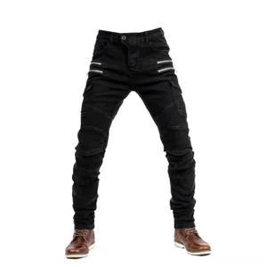 Gothic motorcycle cargo pants black front view with zipper pockets and reinforced knee pleats