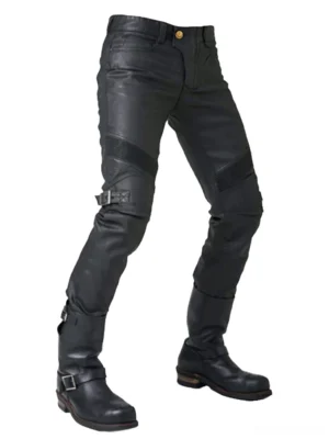 Black motorcycle biker pants three-quarter side view - showing adjustable knee straps and protective buckles paired with riding boots