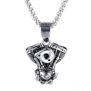 Gothic motorcycle engine pendant necklace front view, silver stainless steel twin-cylinder design, detailed mechanical texture