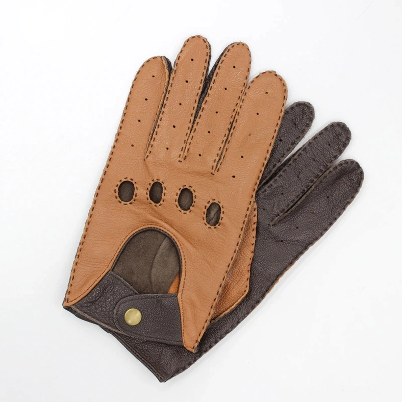 Two-tone gothic motorcycle gloves angled display showing perforated front vents and dark brown wrist sections