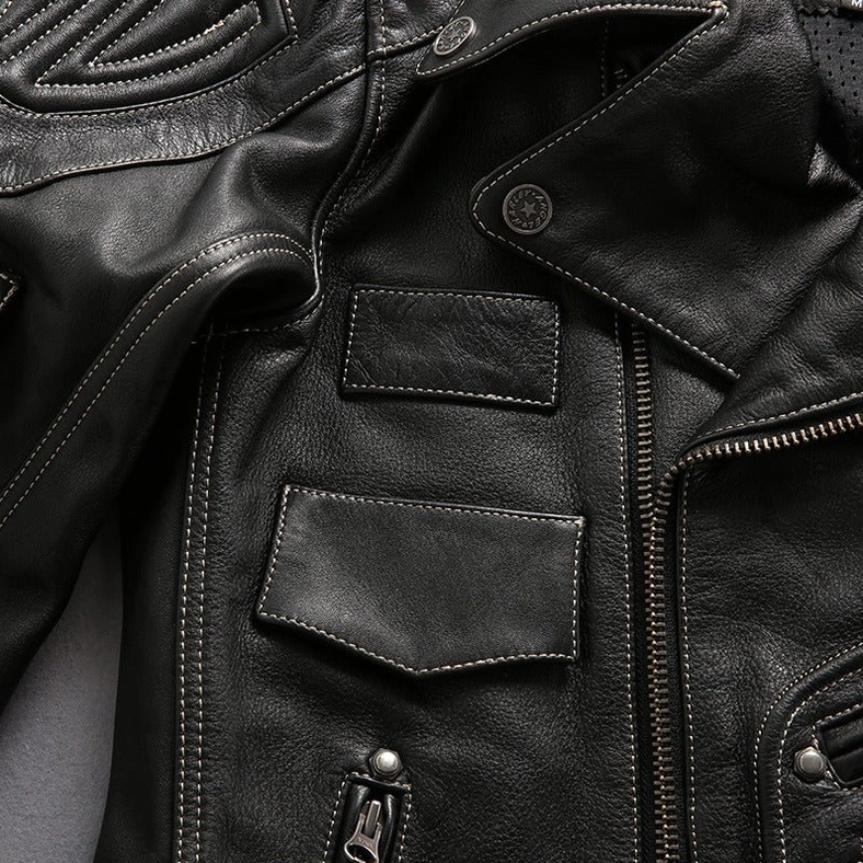Black genuine leather gothic motorcycle jacket, alternative angle view, demonstrating jacket construction quality and leather material