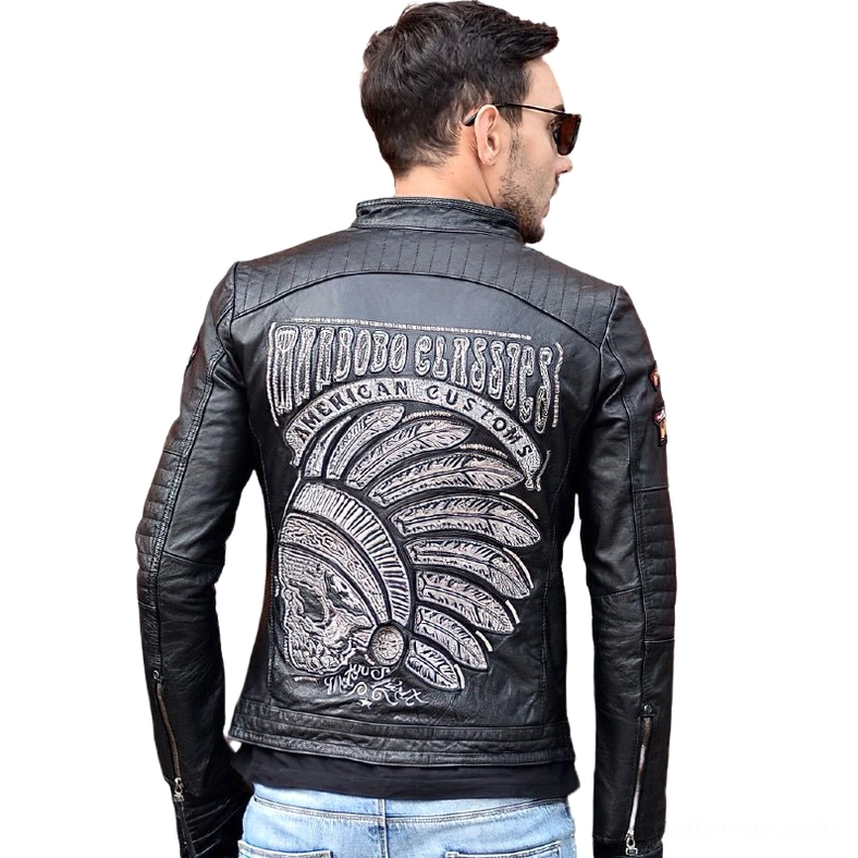 Back view of black leather gothic biker jacket on model showing skull embroidery and quilted stitching