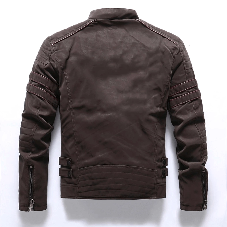 Back view of dark brown PU leather gothic moto jacket showing quilted panels and adjustable sleeve straps with buckles