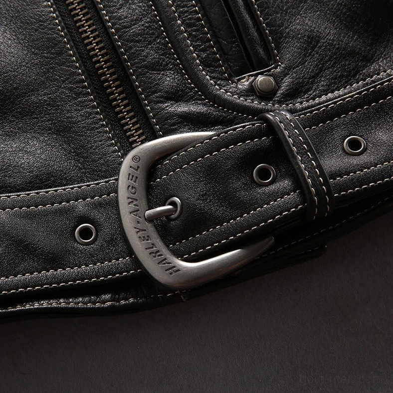 Black genuine leather gothic motorcycle jacket, adjustable belt and waist hardware detail, customizable fit feature